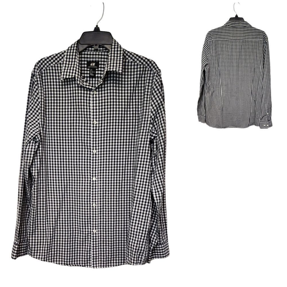 H&M Slim-Fit Easy Iron Button Down Plaid Shirt Long Sleeve Slim Fit Black/White